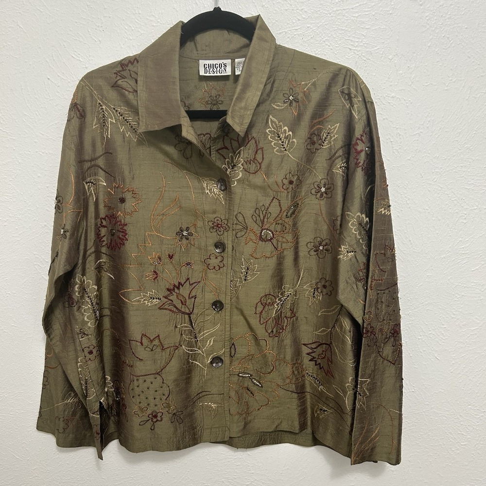 VTG Olive Floral Silk Top Shirt Button Up Beaded Embroidered Size 1 (S) Artsy